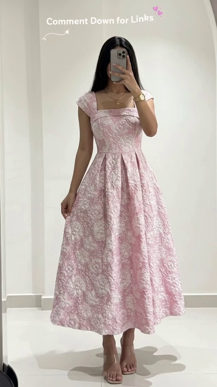 Blush Rose Princess Midi Dress 🌹👗 | Luxury Floral Jacquard Party Dress for Timeless Elegance