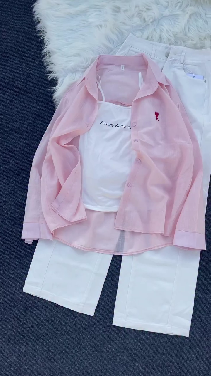 🌸 Blush Chic Layered Summer Set – Pink Shirt, Camisole & Wide-Leg Pants Outfit ✨👚