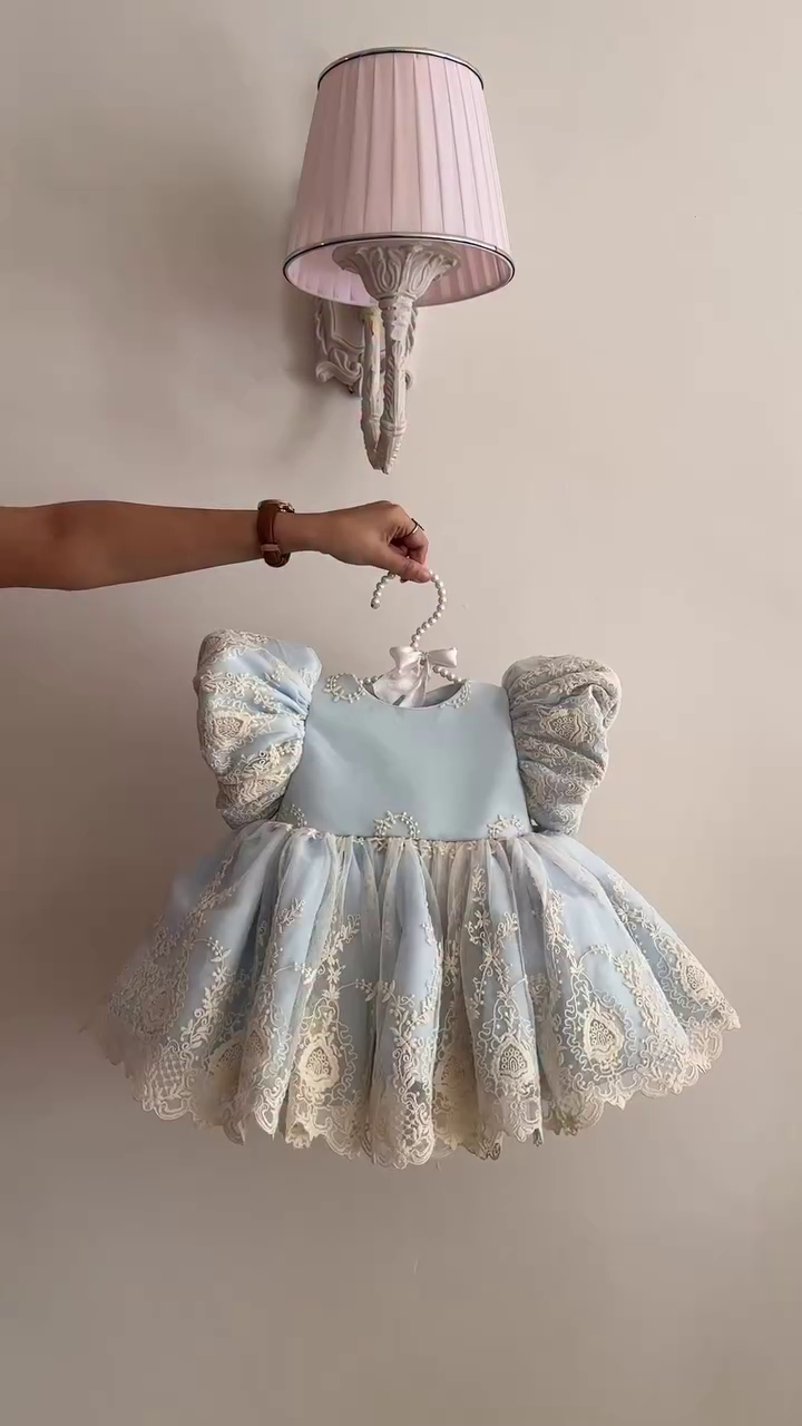 ✨ Princess Sky Blue Lace Party Dress for Girls | Premium Puffy Sleeve Baby Frock | Elegant Birthday & Wedding Wear | XXS to XXL 🎀