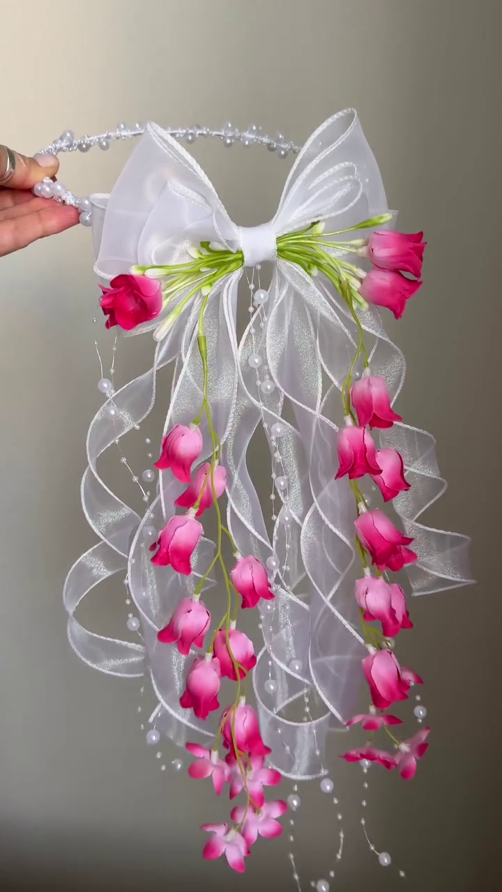 ✨ Enchanted Bloom Floral Hair Bow for Girls & Women | Pearl Handle Organza Ribbon Hair Accessory | Elegant Party & Bridal Hair Decoration | XXS to XXL 🌷