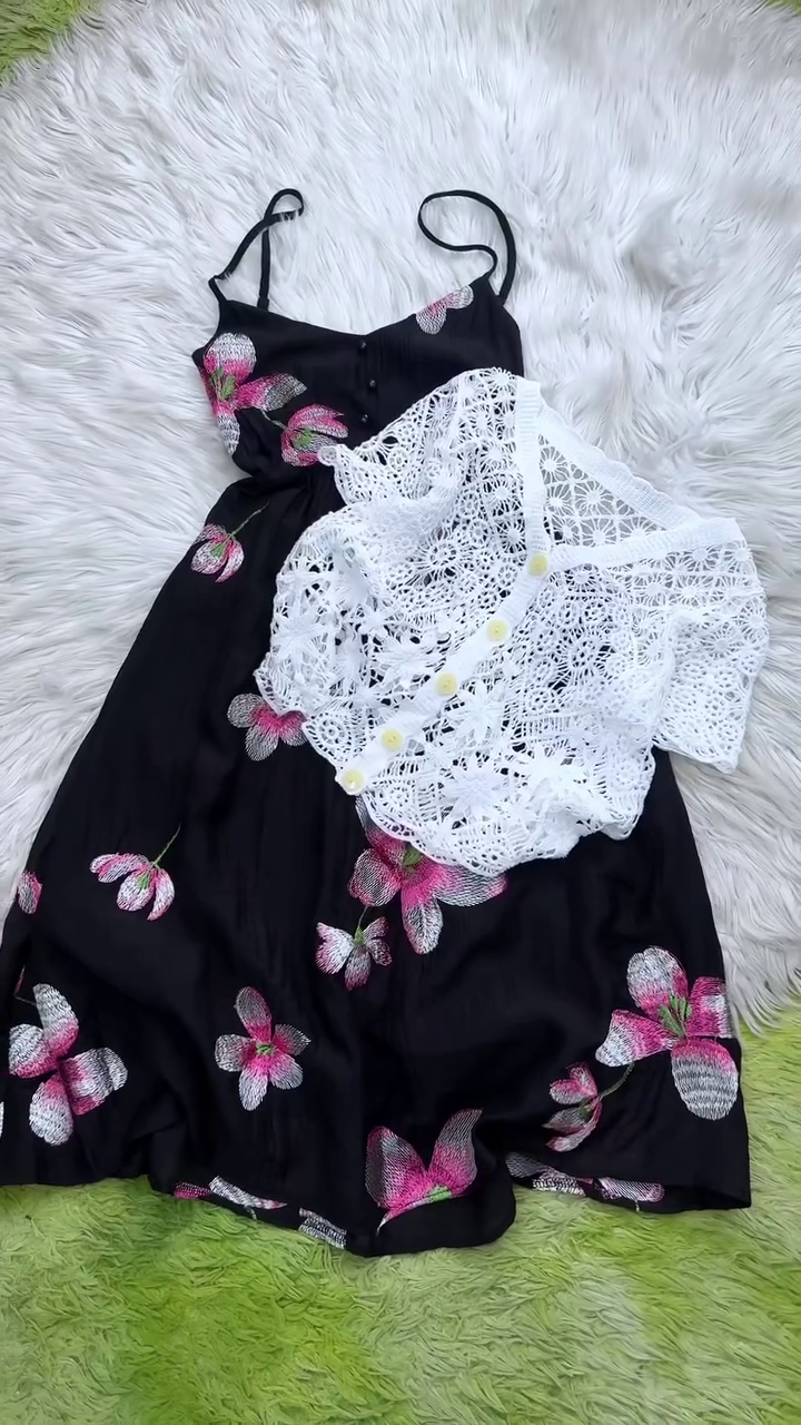✨ Midnight Blossom Floral Midi Dress with Crochet Shrug for Women | Premium Summer Vacation Outfit | Elegant Two-Piece Dress Set | XXS to XXL 💖