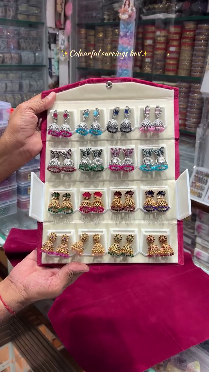 ✨ Premium Velvet Jewellery Organizer with 16 Pairs Designer Jhumka Earrings Set | Portable Foldable Earring Storage Book | Traditional Ethnic Fashion Jewellery Collection for Women 💖👑