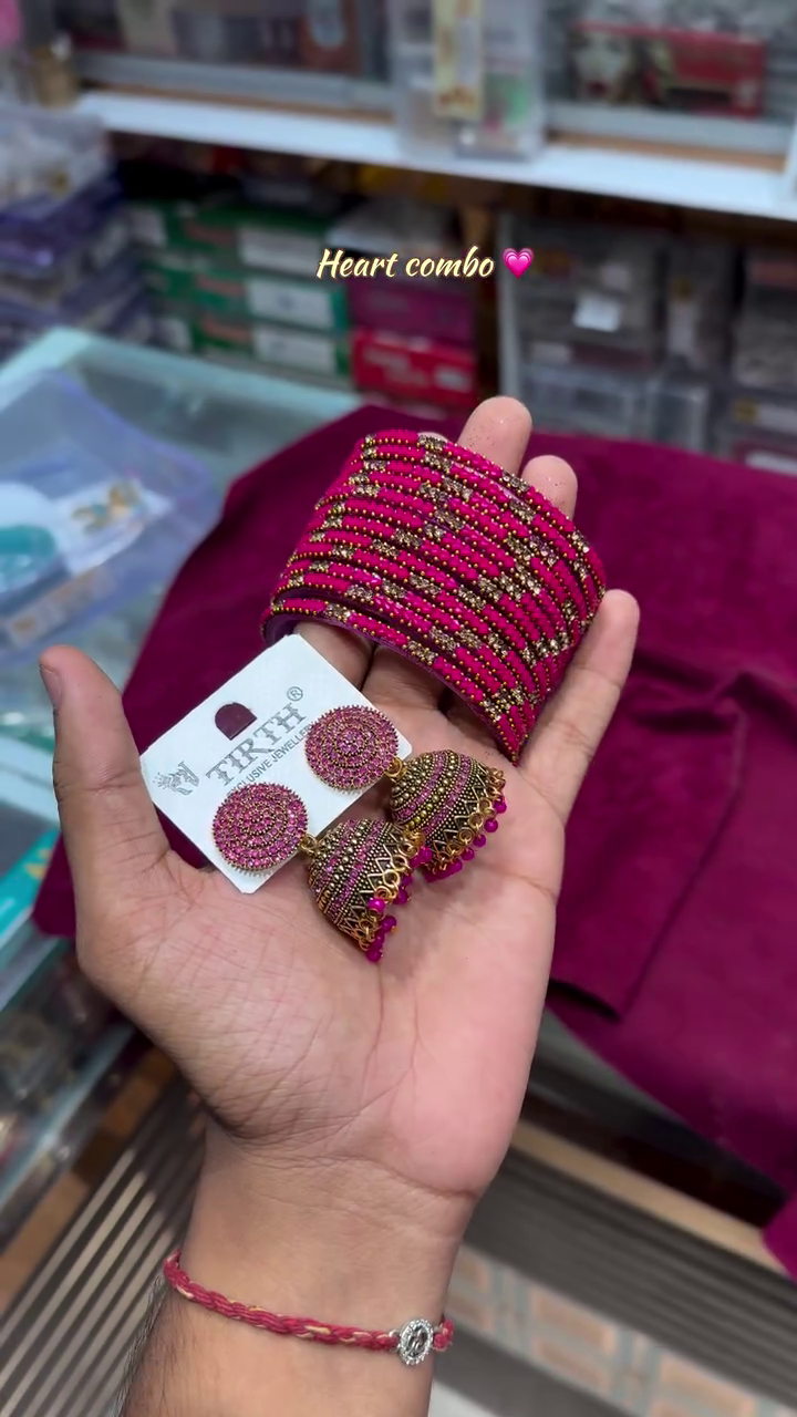 👑 Royal Purple Heart Combo Jewellery Set | Designer Jhumka Earrings & Crystal Bangles Collection | Traditional Ethnic Fashion Accessories for Women 💎💜