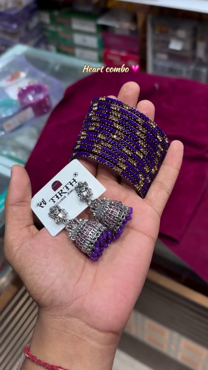 👑 Royal Purple Heart Combo Jewellery Set | Designer Jhumka Earrings & Crystal Bangles Collection | Traditional Ethnic Fashion Accessories for Women 💎💜