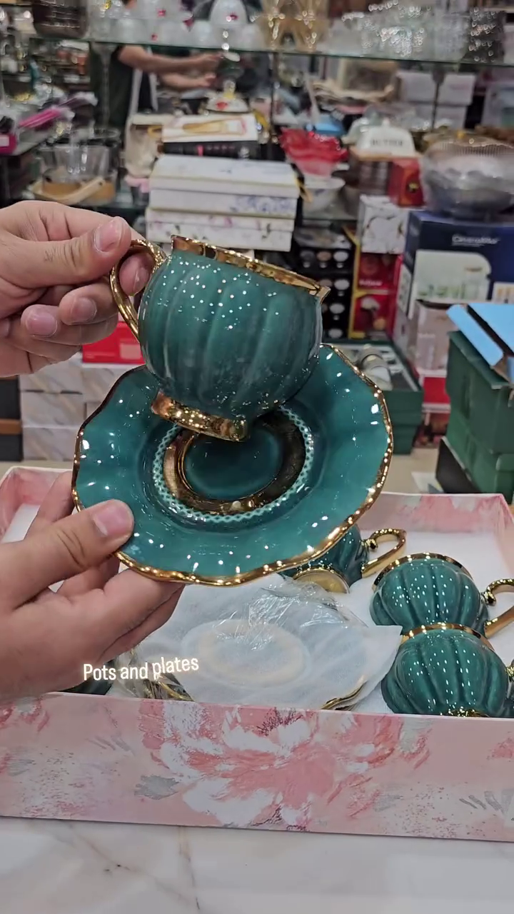 👑 Luxury Pearl Finish Ceramic Tea Cup & Saucer Set | Premium 6 Cups with Golden Handle Design | Elegant Coffee, Tea & Serving Gift Set for Home & Special Occasions 💖☕