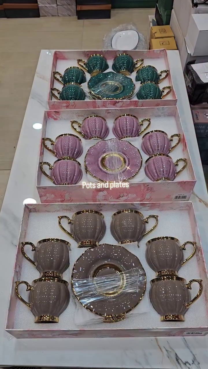 👑 Luxury Pearl Finish Ceramic Tea Cup & Saucer Set | Premium 6 Cups with Golden Handle Design | Elegant Coffee, Tea & Serving Gift Set for Home & Special Occasions 💖☕