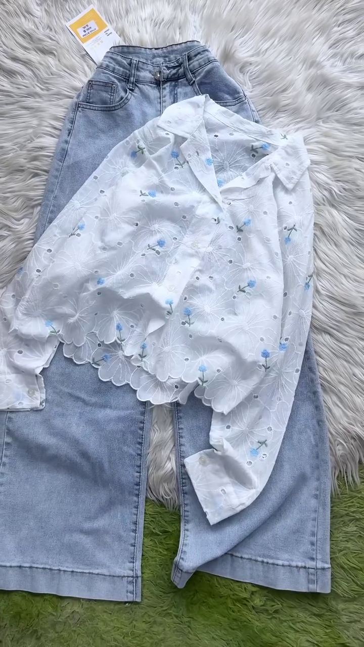 👚 Premium White Floral Embroidered Cotton Shirt with High-Waist Light Wash Denim Wide-Leg Jeans Co-Ord Outfit | Elegant Casual Chic Fashion Set for Women 💙🤍