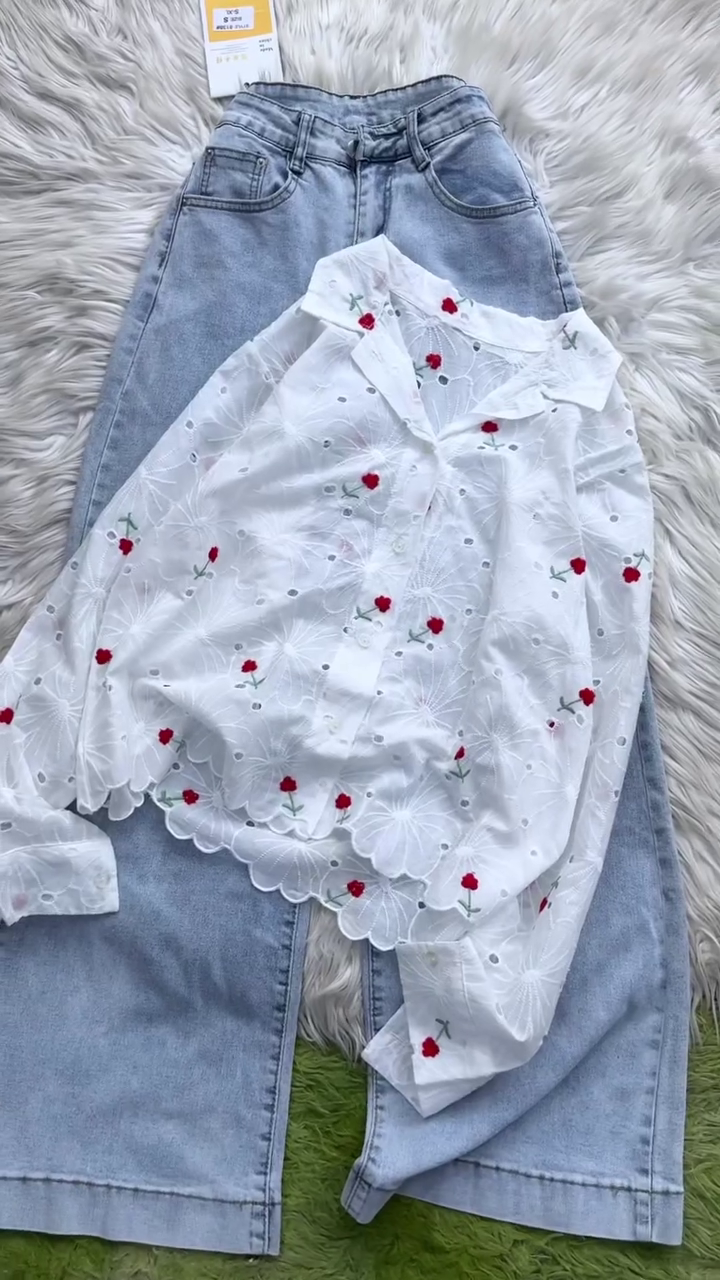 👚 Premium White Floral Embroidered Cotton Shirt with High-Waist Light Wash Denim Wide-Leg Jeans Co-Ord Outfit | Elegant Casual Chic Fashion Set for Women 💙🤍