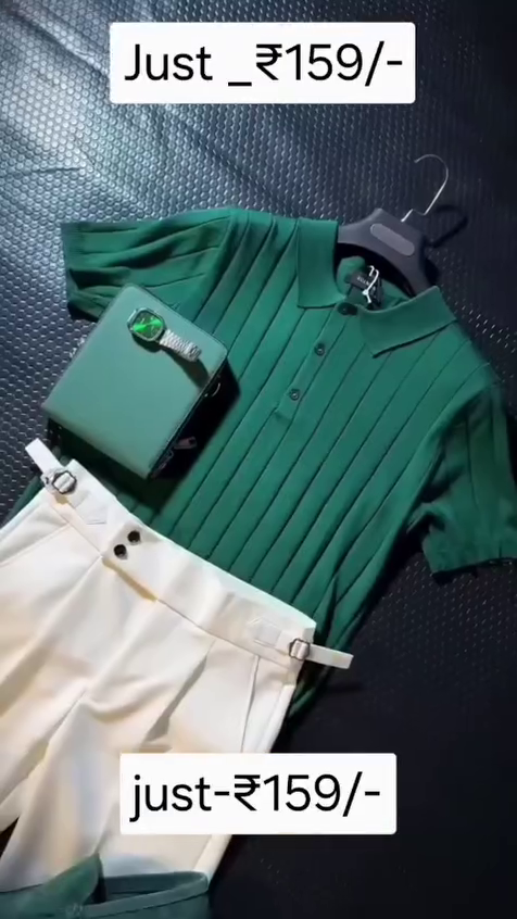 💚✨ Premium Girls' Elegant Ribbed Polo Top & Tailored High-Waist Shorts Co-Ord Set | Stylish Casual Summer Outfit with Matching Sling Bag ✨💚