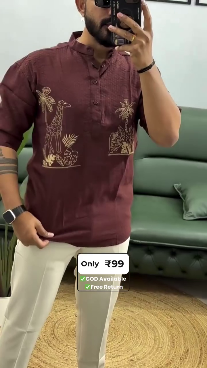 🌿✨ Premium Men's Mandarin Collar Safari Giraffe Embroidered Cotton Short Kurta Shirt | Trendy Casual Ethnic Wear for Every Occasion ✨🌿