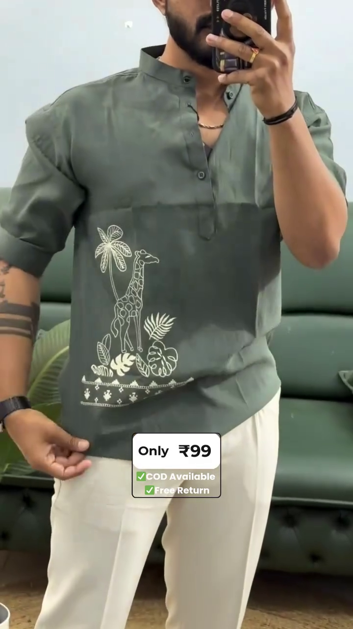 🌿✨ Premium Men's Mandarin Collar Safari Giraffe Embroidered Cotton Short Kurta Shirt | Trendy Casual Ethnic Wear for Every Occasion ✨🌿