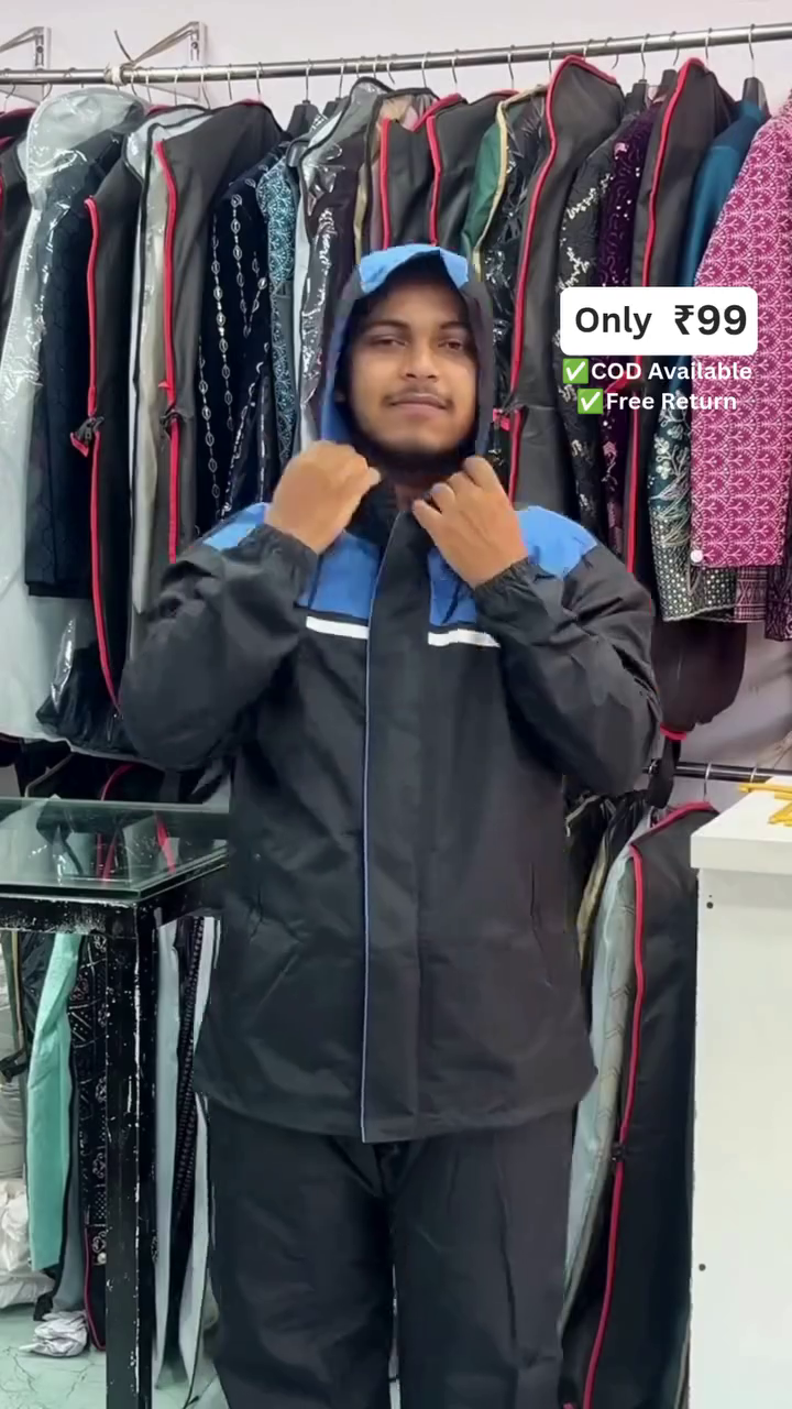 🌧️🖤 Premium Men's Waterproof Hooded Rain Suit Set | Windproof Full-Zip Rain Jacket & Pants | Outdoor, Travel & Monsoon Essential ☔💙
