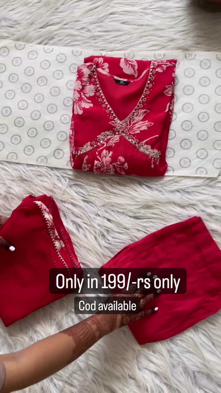 ❤️🌸 Elegant Crimson Red Floral Printed Kurti Set with Matching Pants & Soft Dupatta | Premium Ethnic Wear for Women | Festive, Casual & Party Collection 🌸❤️