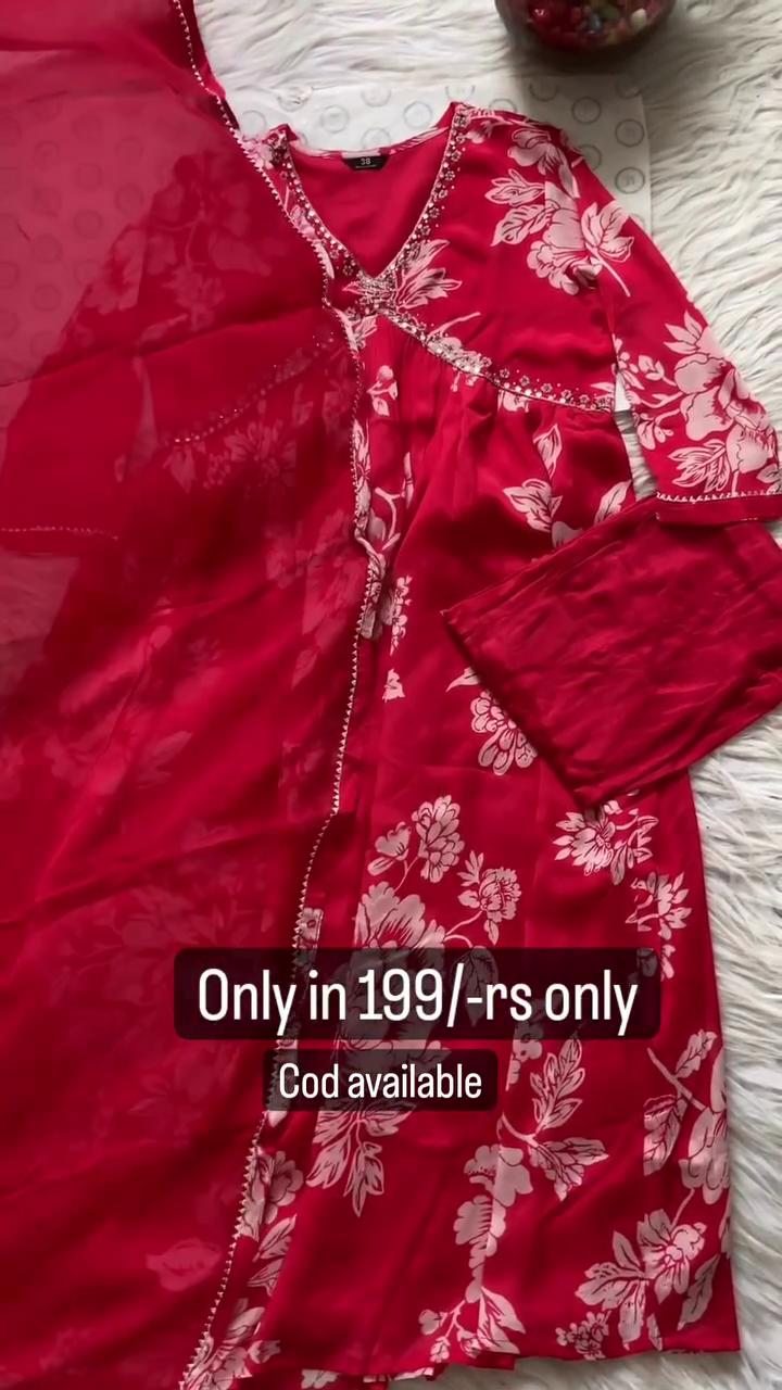 ❤️🌸 Elegant Crimson Red Floral Printed Kurti Set with Matching Pants & Soft Dupatta | Premium Ethnic Wear for Women | Festive, Casual & Party Collection 🌸❤️
